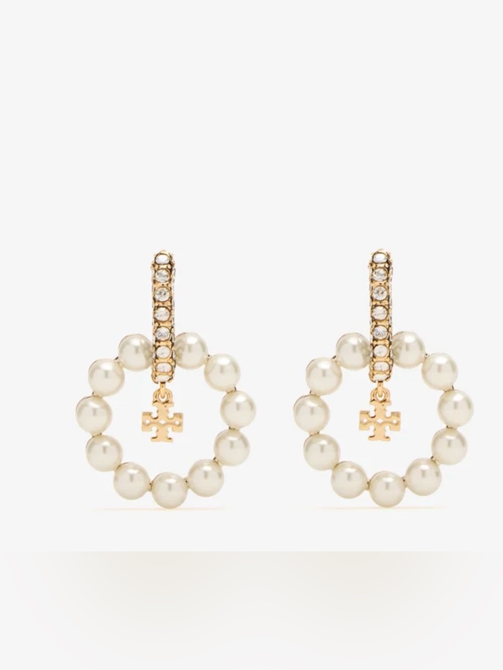 NWT Tory Burch Moondance Pearl Hoop Earrings Gold Crystal Pavé Double T Charm